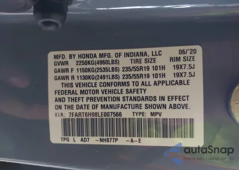 2020 Honda Cr-V Hybrid Touring из США, поврежденный, VIN 7FART6H98LE007566